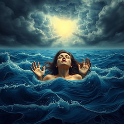 A surreal scene depicting a woman drowning in a vast ocean, representing her overwhelming thoughts and emotions