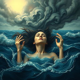 A surreal scene depicting a woman drowning in a vast ocean, representing her overwhelming thoughts and emotions