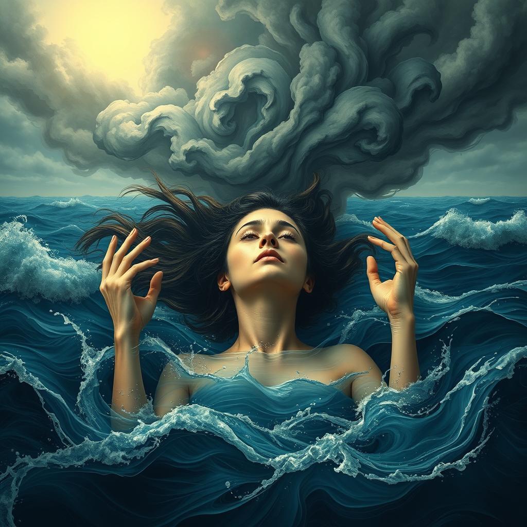 A surreal scene depicting a woman drowning in a vast ocean, representing her overwhelming thoughts and emotions