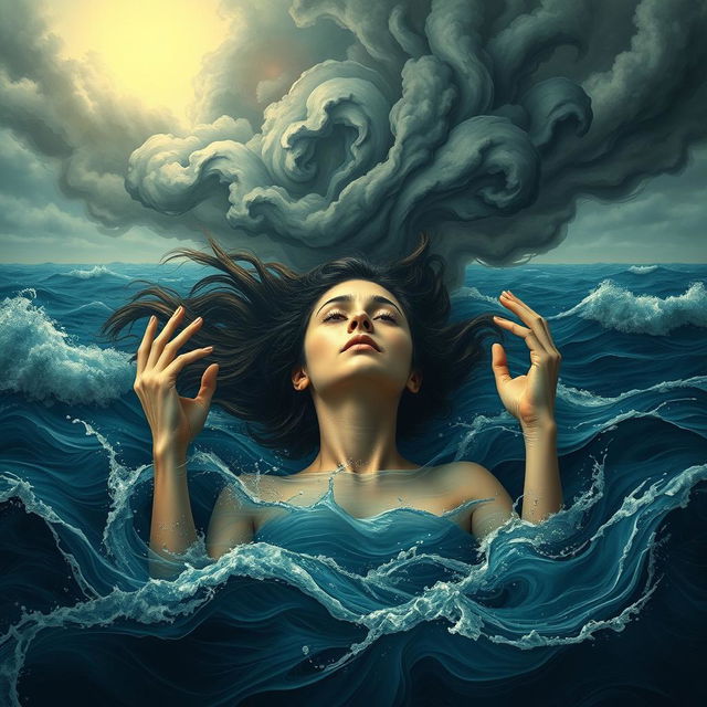 A surreal scene depicting a woman drowning in a vast ocean, representing her overwhelming thoughts and emotions