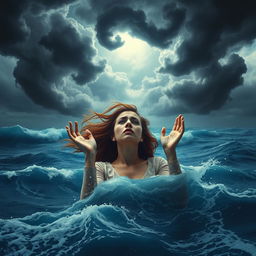 A surreal scene depicting a woman drowning in a vast ocean, representing her overwhelming thoughts and emotions
