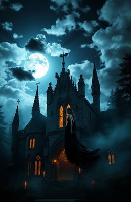 A dark and atmospheric gothic setting, featuring an ancient stone castle with tall spires, surrounded by a misty forest under a full moon