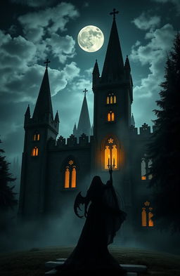 A dark and atmospheric gothic setting, featuring an ancient stone castle with tall spires, surrounded by a misty forest under a full moon
