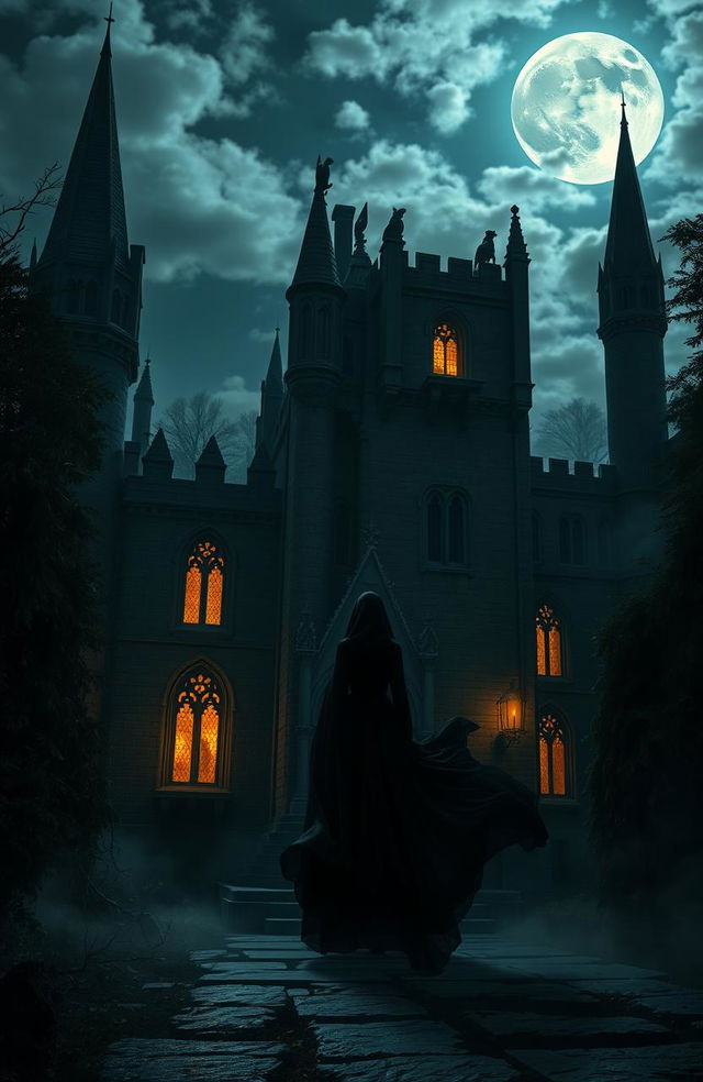 A dark and atmospheric gothic setting, featuring an ancient stone castle with tall spires, surrounded by a misty forest under a full moon