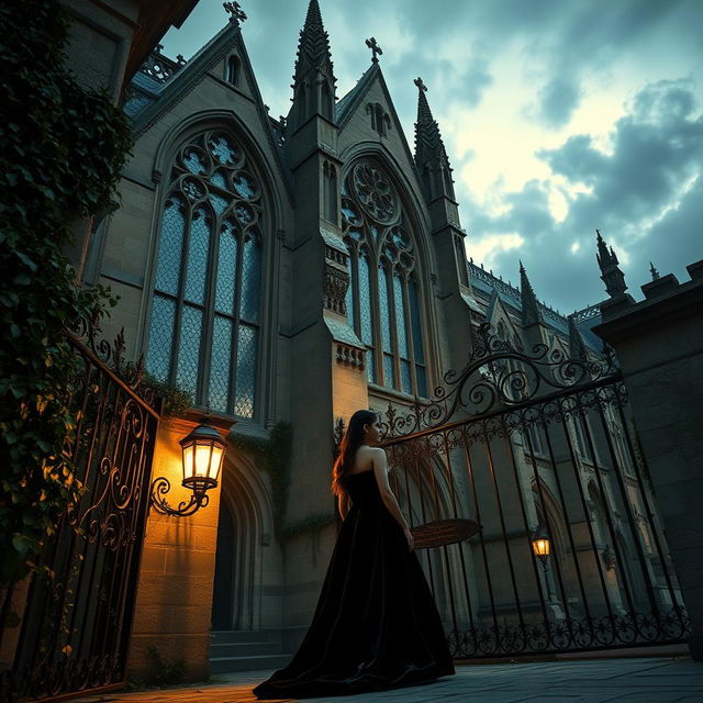 An exquisite gothic scene featuring a grand cathedral with elaborate stained glass windows, bathed in the soft glow of twilight