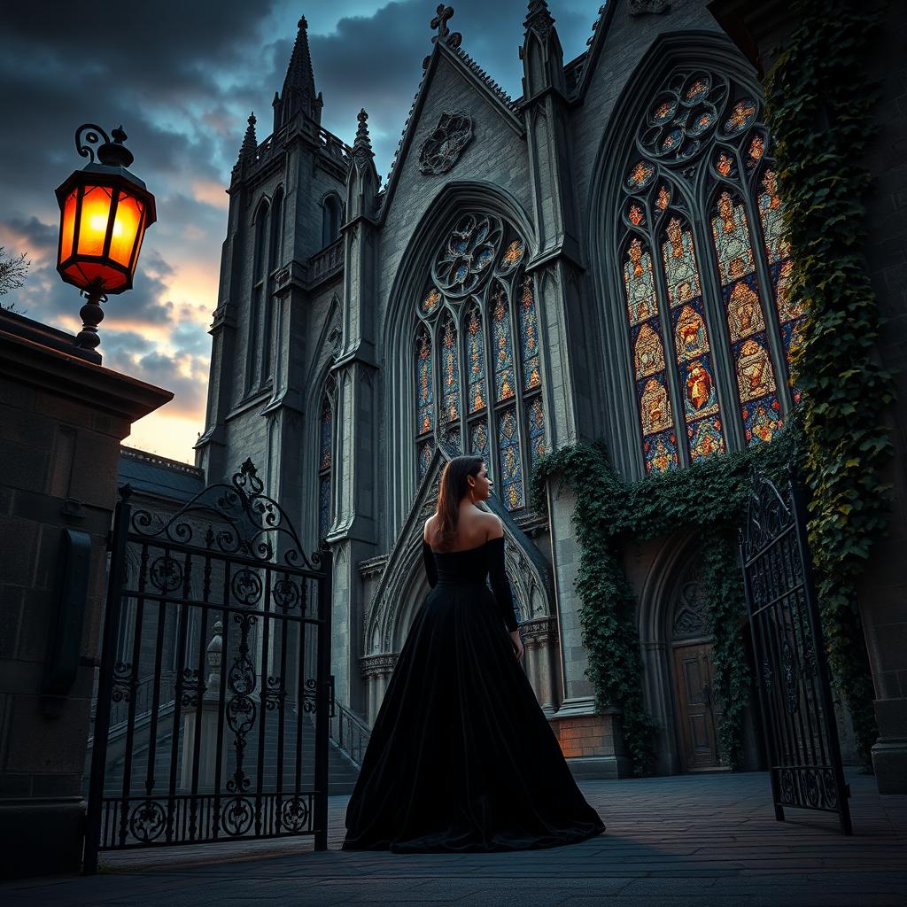 An exquisite gothic scene featuring a grand cathedral with elaborate stained glass windows, bathed in the soft glow of twilight