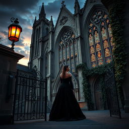 An exquisite gothic scene featuring a grand cathedral with elaborate stained glass windows, bathed in the soft glow of twilight