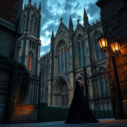 An exquisite gothic scene featuring a grand cathedral with elaborate stained glass windows, bathed in the soft glow of twilight