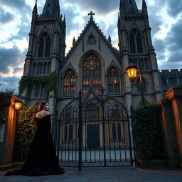 An exquisite gothic scene featuring a grand cathedral with elaborate stained glass windows, bathed in the soft glow of twilight