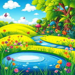 A vibrant and whimsical cartoon-style illustration depicting a scene where a colorful meadow transitions into a lush jungle