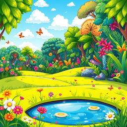 A vibrant and whimsical cartoon-style illustration depicting a scene where a colorful meadow transitions into a lush jungle