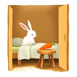 Inside a cozy room, a little white rabbit is awake and alert, sitting on the bed