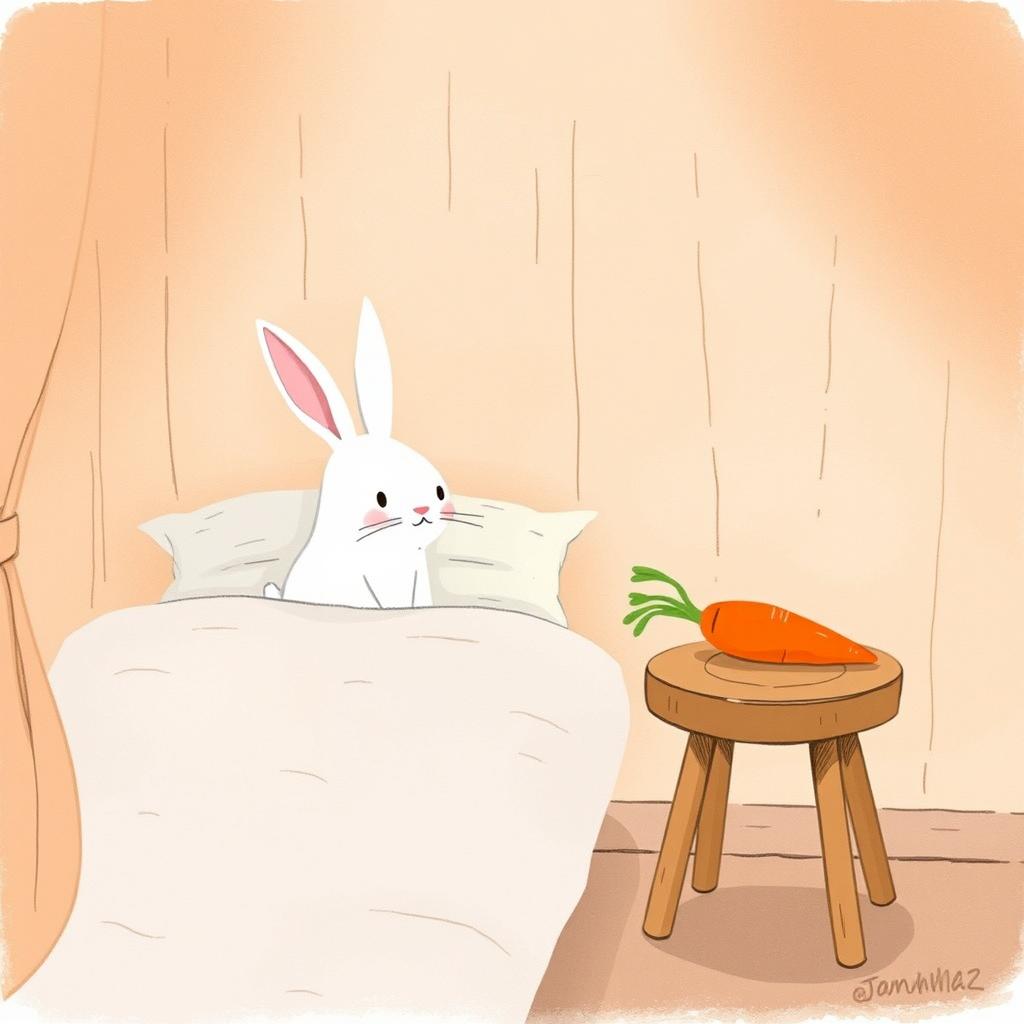 Inside a cozy room, a little white rabbit is awake and alert, sitting on the bed
