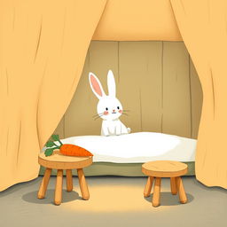 Inside a cozy room, a little white rabbit is awake and alert, sitting on the bed