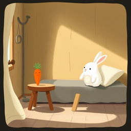 Inside a cozy room, a little white rabbit is awake and alert, sitting on the bed