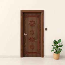 A modern Bangladeshi wooden door design, featuring intricate motifs inspired by local culture such as paisleys, lotus flowers, and traditional 'Nakshi Kantha' patterns