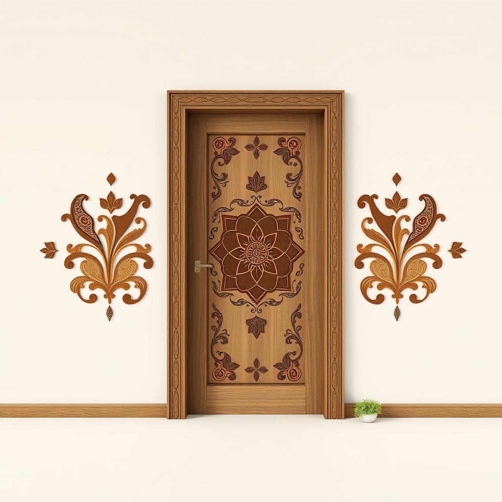 A modern Bangladeshi wooden door design, featuring intricate motifs inspired by local culture such as paisleys, lotus flowers, and traditional 'Nakshi Kantha' patterns