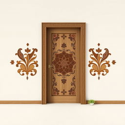 A modern Bangladeshi wooden door design, featuring intricate motifs inspired by local culture such as paisleys, lotus flowers, and traditional 'Nakshi Kantha' patterns