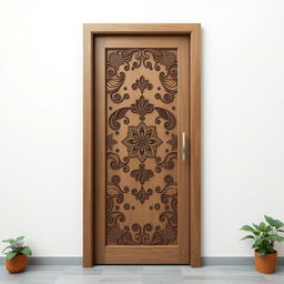 A modern Bangladeshi wooden door design, featuring intricate motifs inspired by local culture such as paisleys, lotus flowers, and traditional 'Nakshi Kantha' patterns