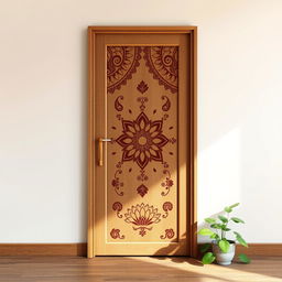A modern Bangladeshi wooden door design, featuring intricate motifs inspired by local culture such as paisleys, lotus flowers, and traditional 'Nakshi Kantha' patterns