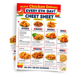 A colorful and vibrant chicken delivery flyer featuring a visually appealing cheat sheet menu for ordering chicken dishes throughout the week