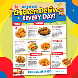 A colorful and vibrant chicken delivery flyer featuring a visually appealing cheat sheet menu for ordering chicken dishes throughout the week