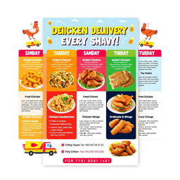 A colorful and vibrant chicken delivery flyer featuring a visually appealing cheat sheet menu for ordering chicken dishes throughout the week