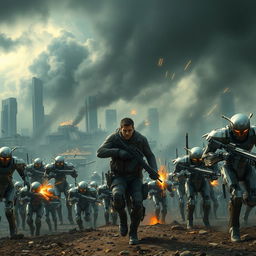 An epic battle scene depicting the clash between humans and robots in a futuristic dystopian setting