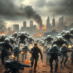 An epic battle scene depicting the clash between humans and robots in a futuristic dystopian setting