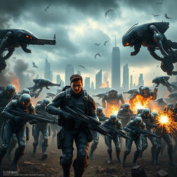 An epic battle scene depicting the clash between humans and robots in a futuristic dystopian setting