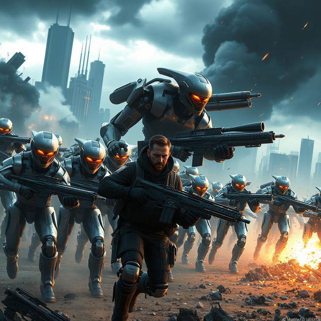 An epic battle scene depicting the clash between humans and robots in a futuristic dystopian setting