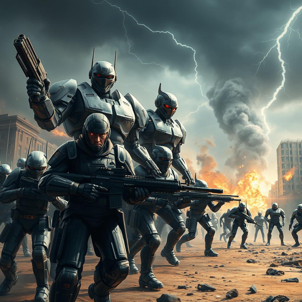 An epic scene depicting a ferocious battle between humans and robots in a futuristic war setting