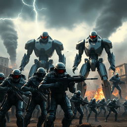 An epic scene depicting a ferocious battle between humans and robots in a futuristic war setting