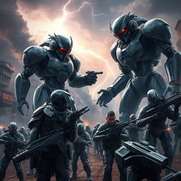 An epic scene depicting a ferocious battle between humans and robots in a futuristic war setting