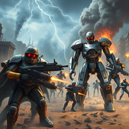 An epic scene depicting a ferocious battle between humans and robots in a futuristic war setting