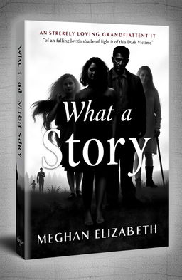 A book cover design for 'What a Story' by Meghan Elizabeth, featuring a monochrome color scheme of black, white, and shades of gray