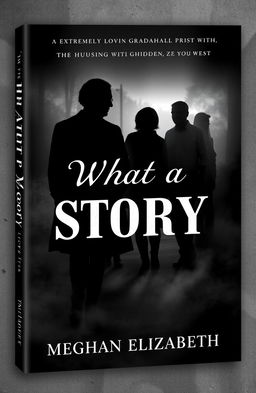 A book cover design for 'What a Story' by Meghan Elizabeth, featuring a monochrome color scheme of black, white, and shades of gray