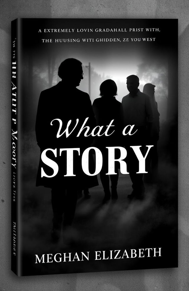 A book cover design for 'What a Story' by Meghan Elizabeth, featuring a monochrome color scheme of black, white, and shades of gray