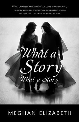 A book cover design for 'What a Story' by Meghan Elizabeth, featuring a monochrome color scheme of black, white, and shades of gray