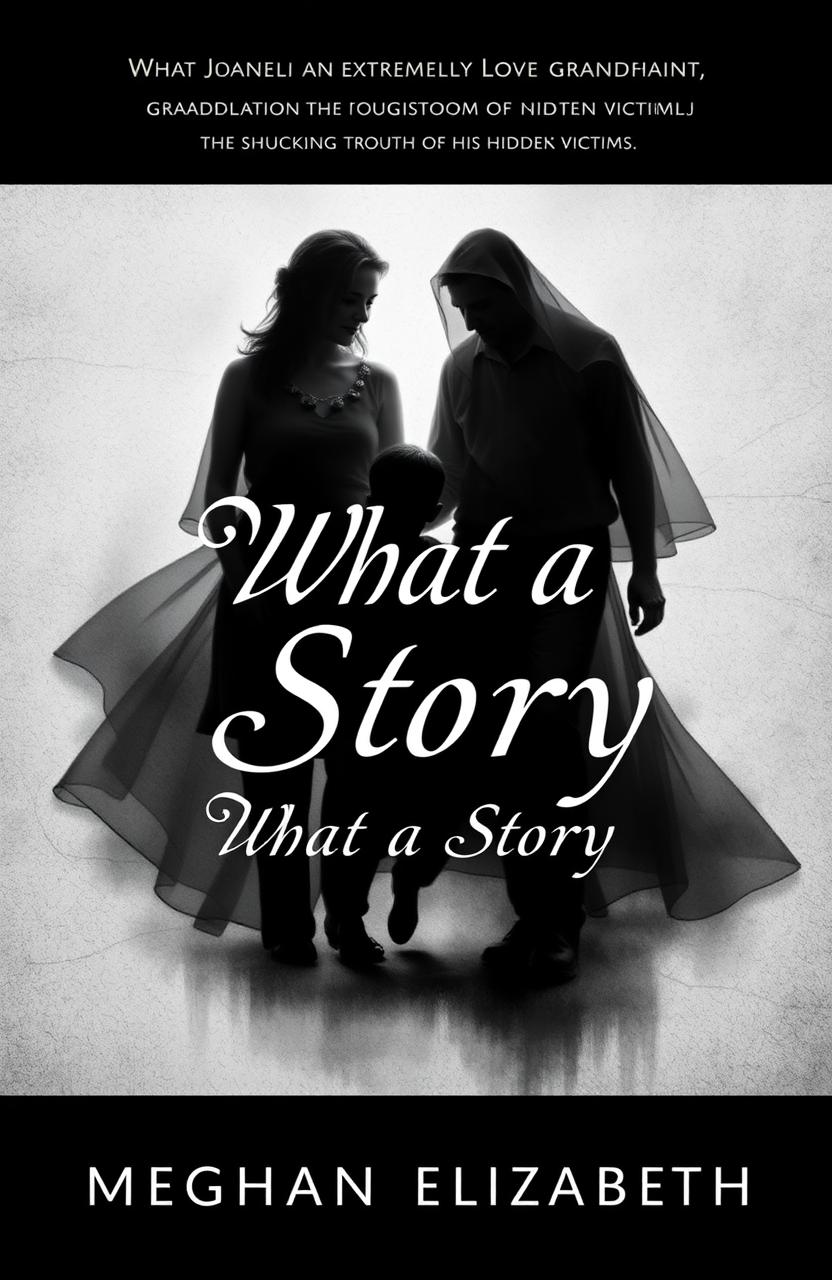 A book cover design for 'What a Story' by Meghan Elizabeth, featuring a monochrome color scheme of black, white, and shades of gray