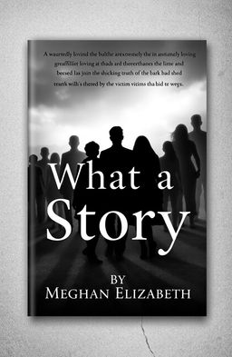 A book cover design for 'What a Story' by Meghan Elizabeth, featuring a monochrome color scheme of black, white, and shades of gray