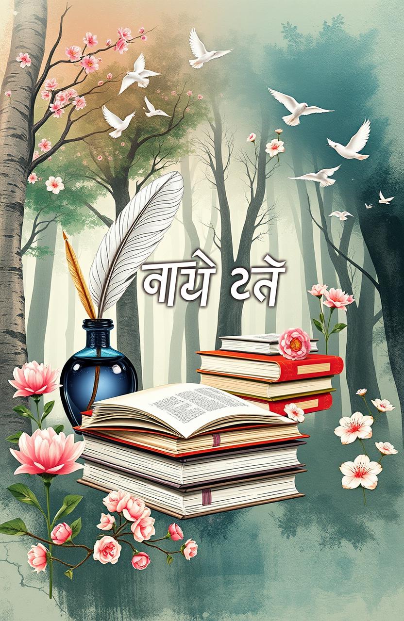 A visually stunning book cover for 'आधुनिक कविता', featuring an array of beautiful literary elements