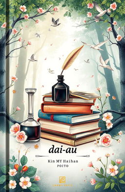 A visually stunning book cover for 'आधुनिक कविता', featuring an array of beautiful literary elements