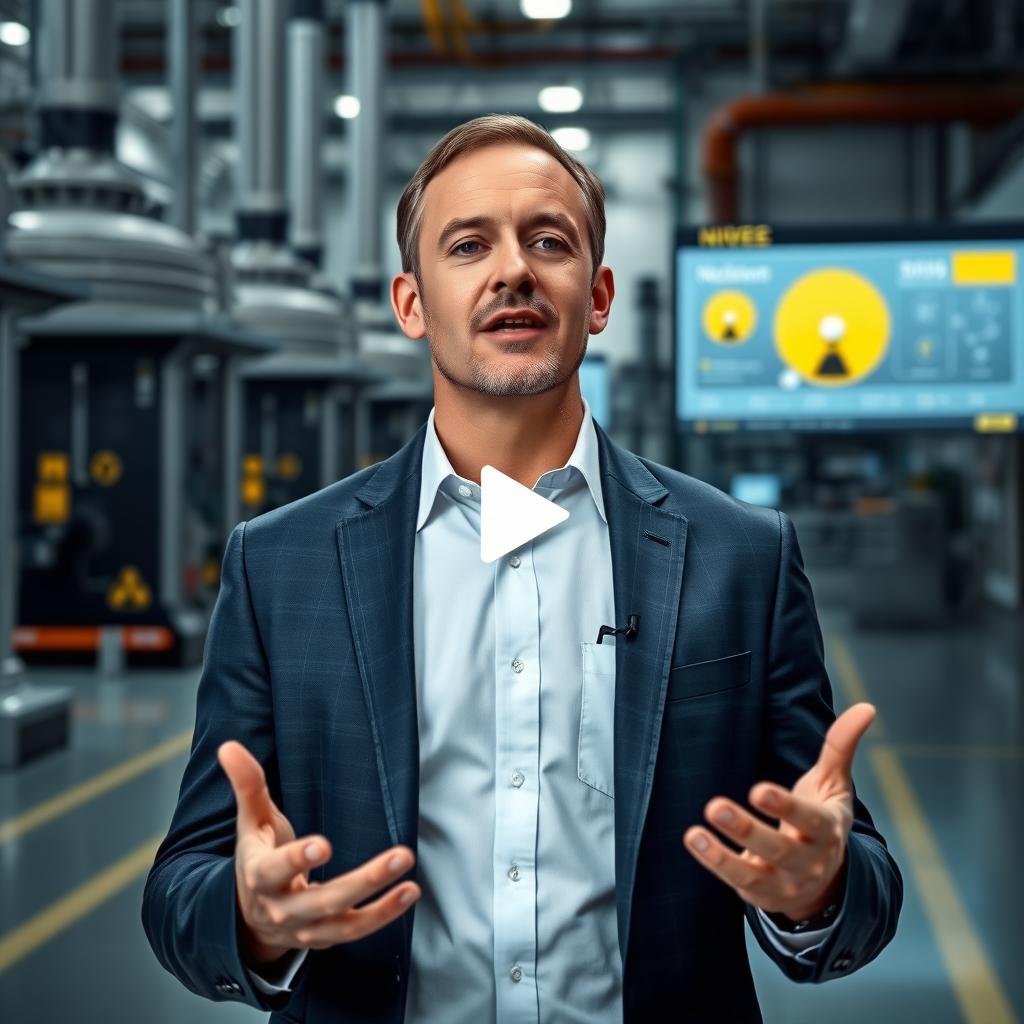 A video featuring a man in a suit speaking at a nuclear power plant