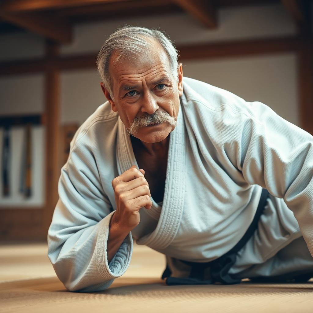 An elderly man with a distinguished mustache, wearing a traditional jiu-jitsu gi, skillfully demonstrating a jiu-jitsu technique on a tatami mat