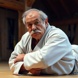 An elderly man with a distinguished mustache, wearing a traditional jiu-jitsu gi, skillfully demonstrating a jiu-jitsu technique on a tatami mat