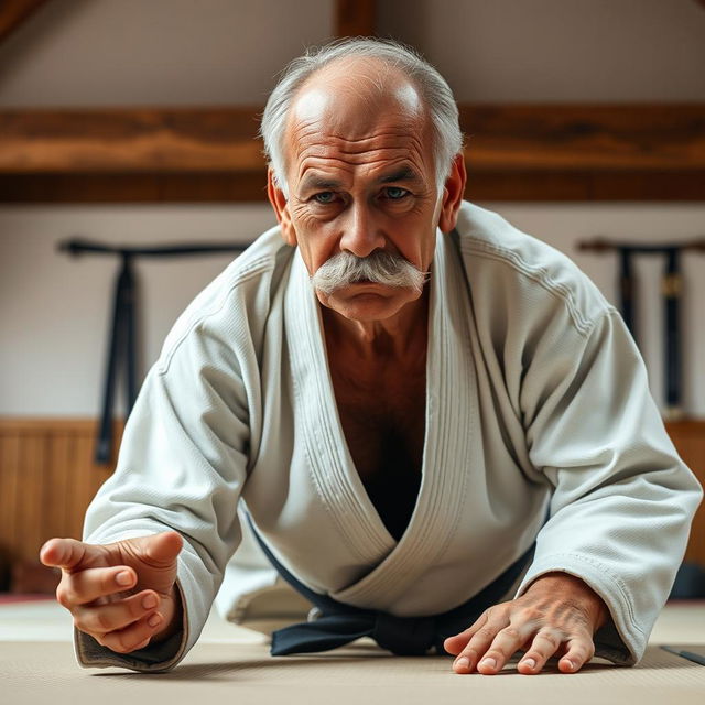 An elderly man with a distinguished mustache, wearing a traditional jiu-jitsu gi, skillfully demonstrating a jiu-jitsu technique on a tatami mat