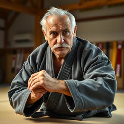 An elderly man with a distinguished mustache, wearing a traditional jiu-jitsu gi, skillfully demonstrating a jiu-jitsu technique on a tatami mat