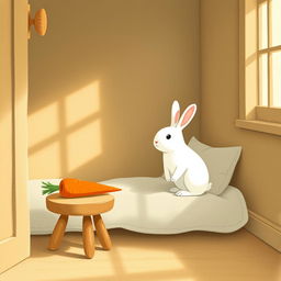 Inside a cozy room, a little white rabbit is awake and alert, sitting on a soft bed