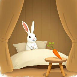 Inside a cozy room, a little white rabbit is awake and alert, sitting on a soft bed